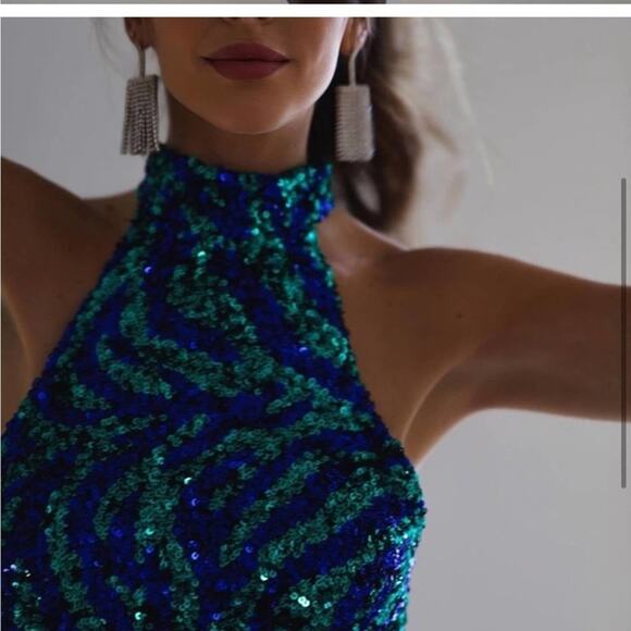 Zara Blue and Green SEQUIN HALTER DRESS - Picture 3 of 12